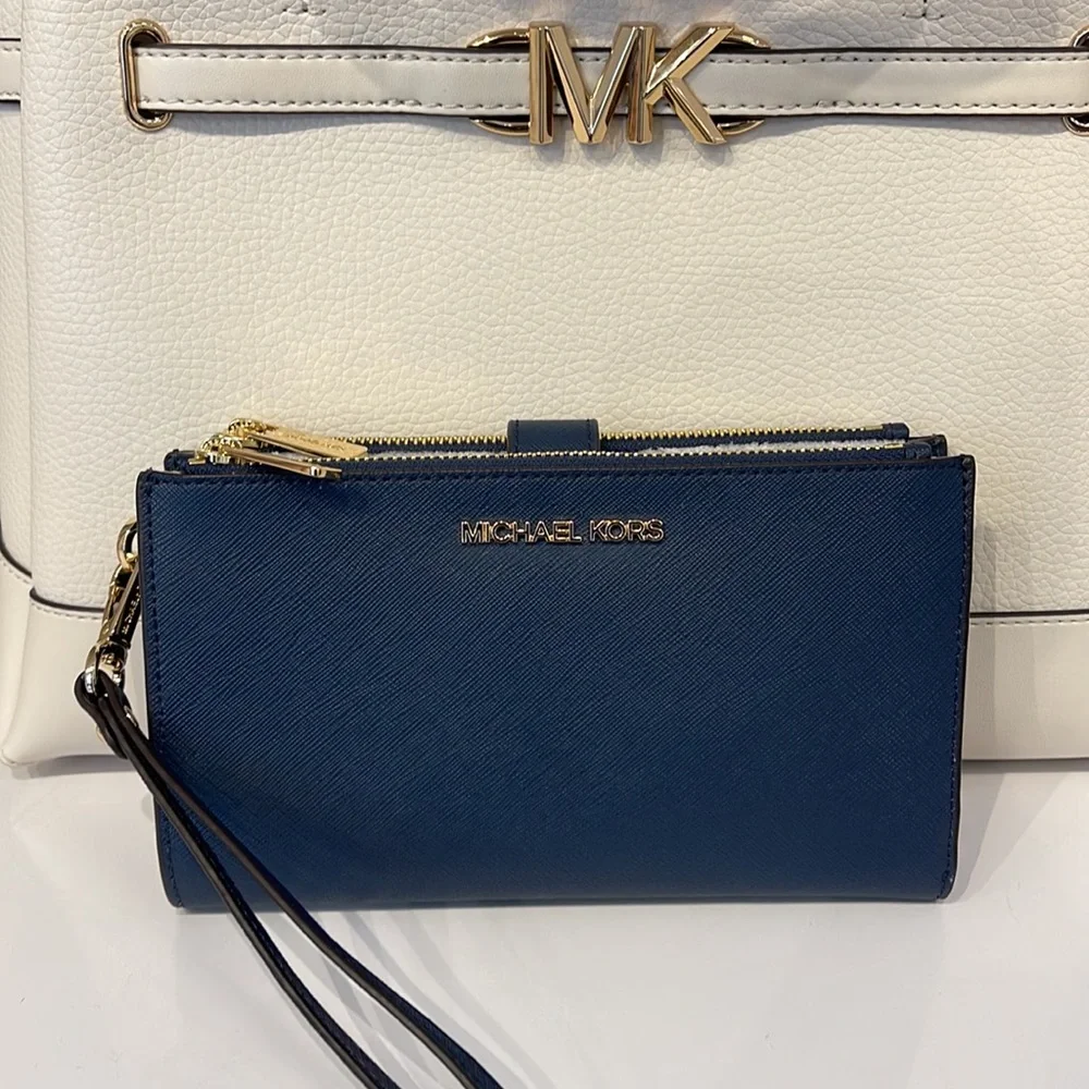 MICHAEL KORS LARGE DOUBLE ZIP WRISTLET WALLET PHONE CASE Navy NWT